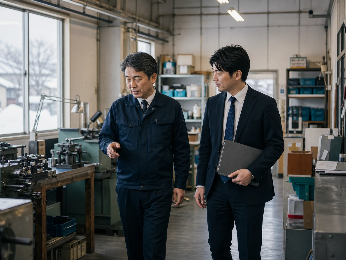 札幌周辺の中小企業で現場確認を行う経営者とM&Aアドバイザー