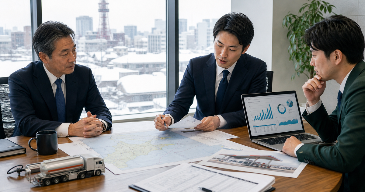 北海道のガソリンスタンドM&Aで事業承継を進める実務ポイント｜灯油配送・地下タンク・地域インフラを守るのアイキャッチ画像。主要キーワードは北海道 ガソリンスタンド M&A